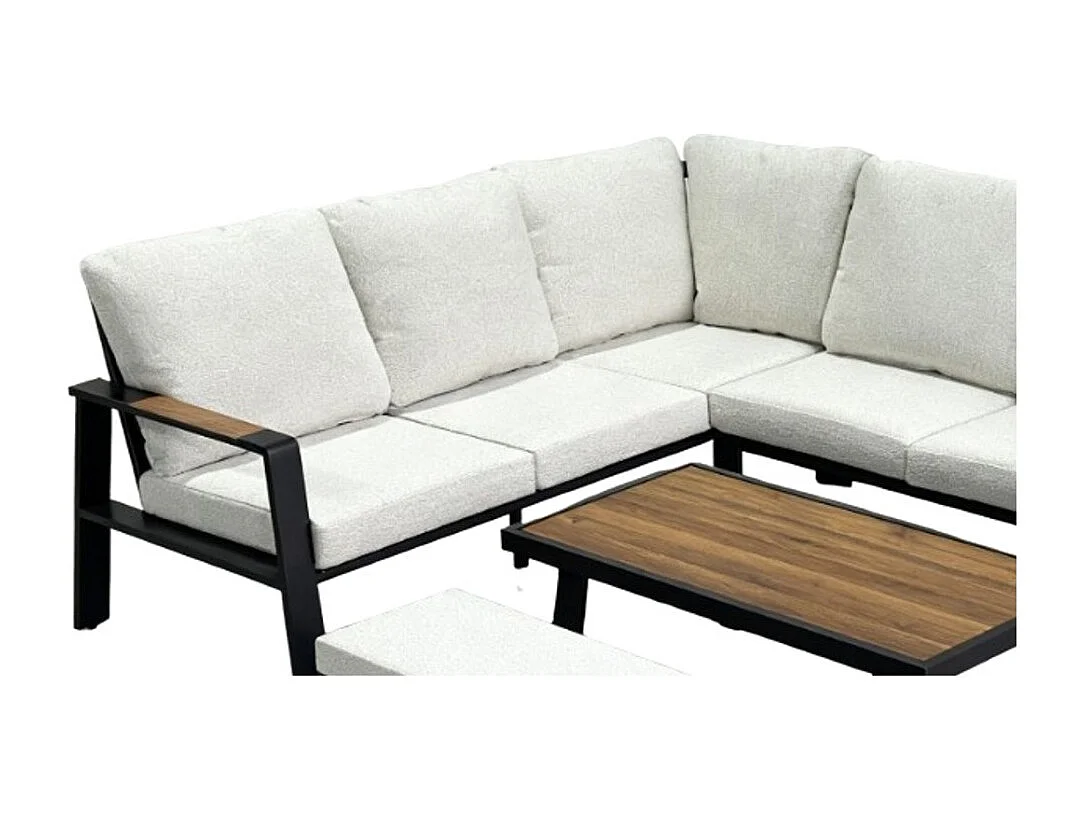 Salon de jardin d'angle CALVARO 4 places en aluminium noir avec coussins beige, banquette et table basse effet bois