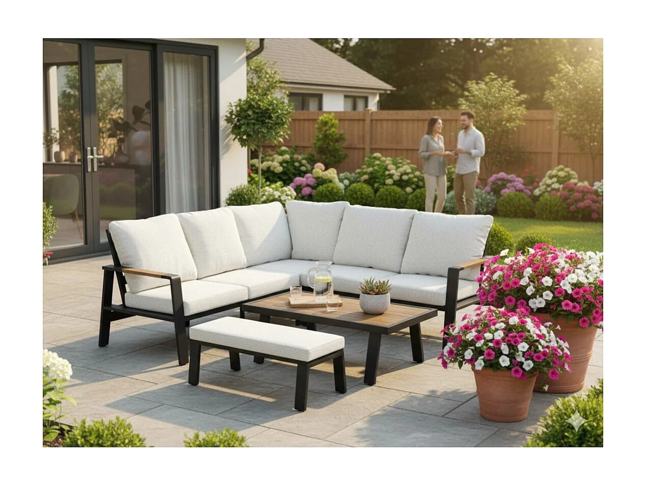 Salon de jardin d'angle CALVARO 4 places en aluminium noir avec coussins beige, banquette et table basse effet bois