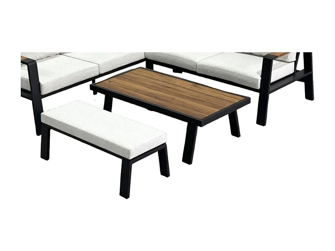 Salon de jardin d'angle CALVARO 4 places en aluminium noir avec coussins beige, banquette et table basse effet bois