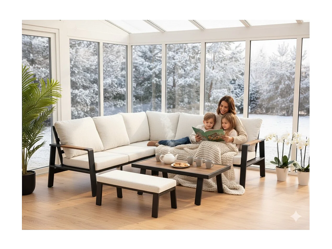 Salon de jardin d'angle CALVARO 4 places en aluminium noir avec coussins beige, banquette et table basse effet bois