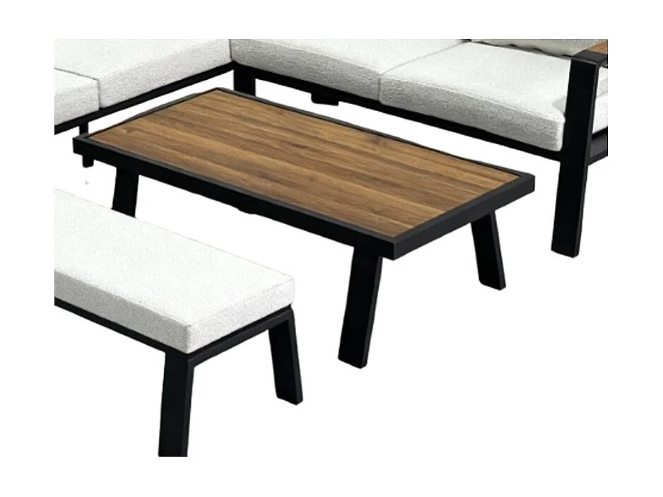 Salon de jardin d'angle CALVARO 4 places en aluminium noir avec coussins beige, banquette et table basse effet bois