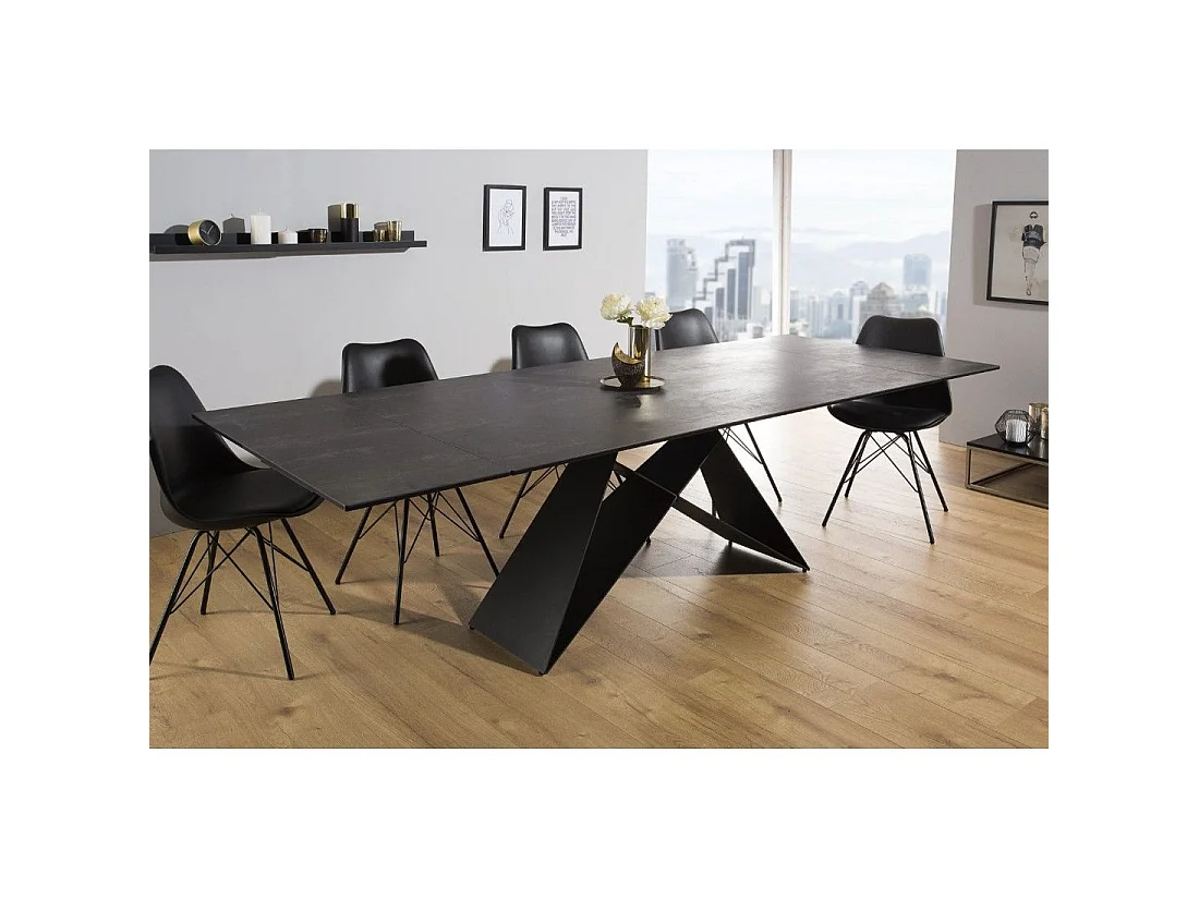 Mesa de comedor ATARA 180–260 cm – Tablero de cerámica gris topo y estructura de metal negro