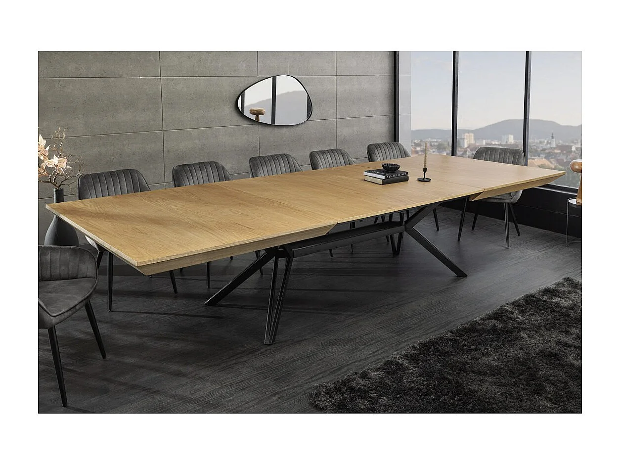 Table de salle à manger RADIAM – MDF plaqué noyer clair et métal – 200-320 cm – Extensible