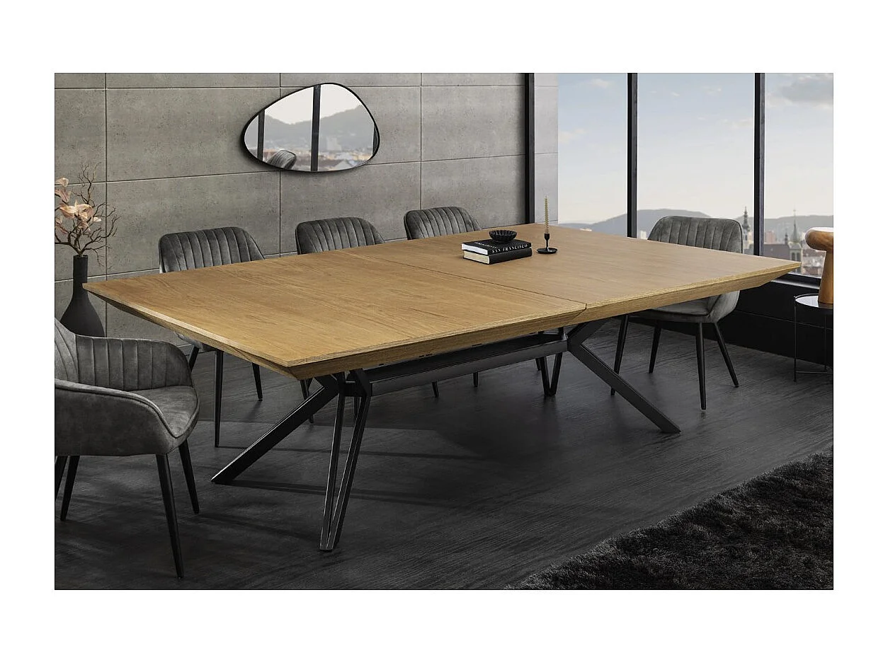 Table de salle à manger RADIAM – MDF plaqué noyer clair et métal – 200-320 cm – Extensible