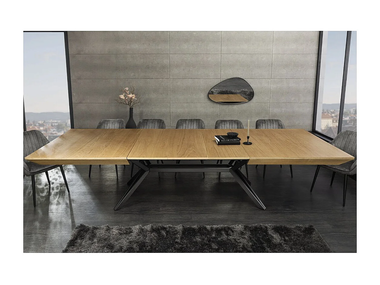 Table de salle à manger RADIAM – MDF plaqué noyer clair et métal – 200-320 cm – Extensible