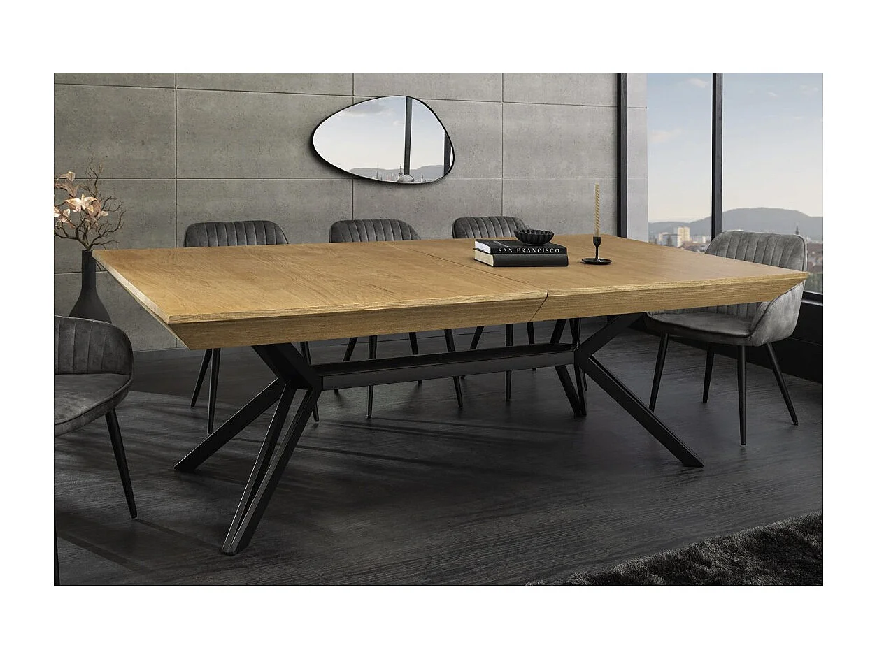 Table de salle à manger RADIAM – MDF plaqué noyer clair et métal – 200-320 cm – Extensible