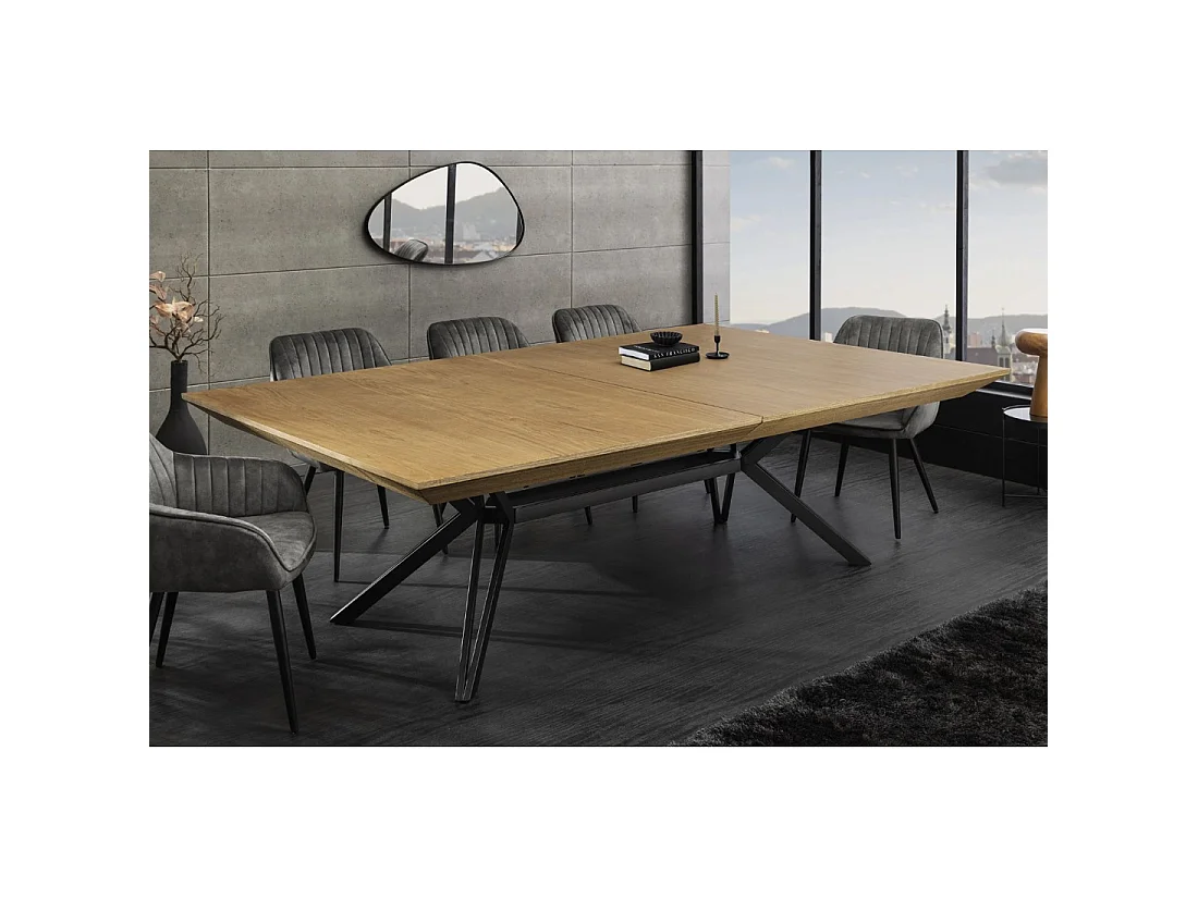Eettafel RADIAM – MDF met licht notenhoutfineer en metaal – 200-320 cm – Uitschuifbaar