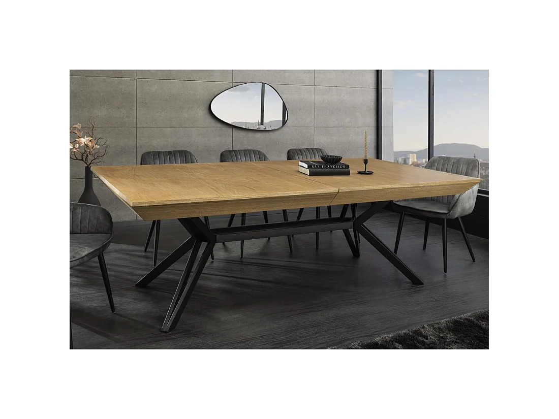 Eettafel RADIAM – MDF met licht notenhoutfineer en metaal – 200-320 cm – Uitschuifbaar