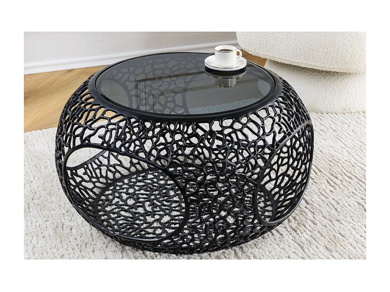 Table basse METRIX ronde 74 cm noire avec plateau en verre trempé – Table basse design avec niches ouvertes