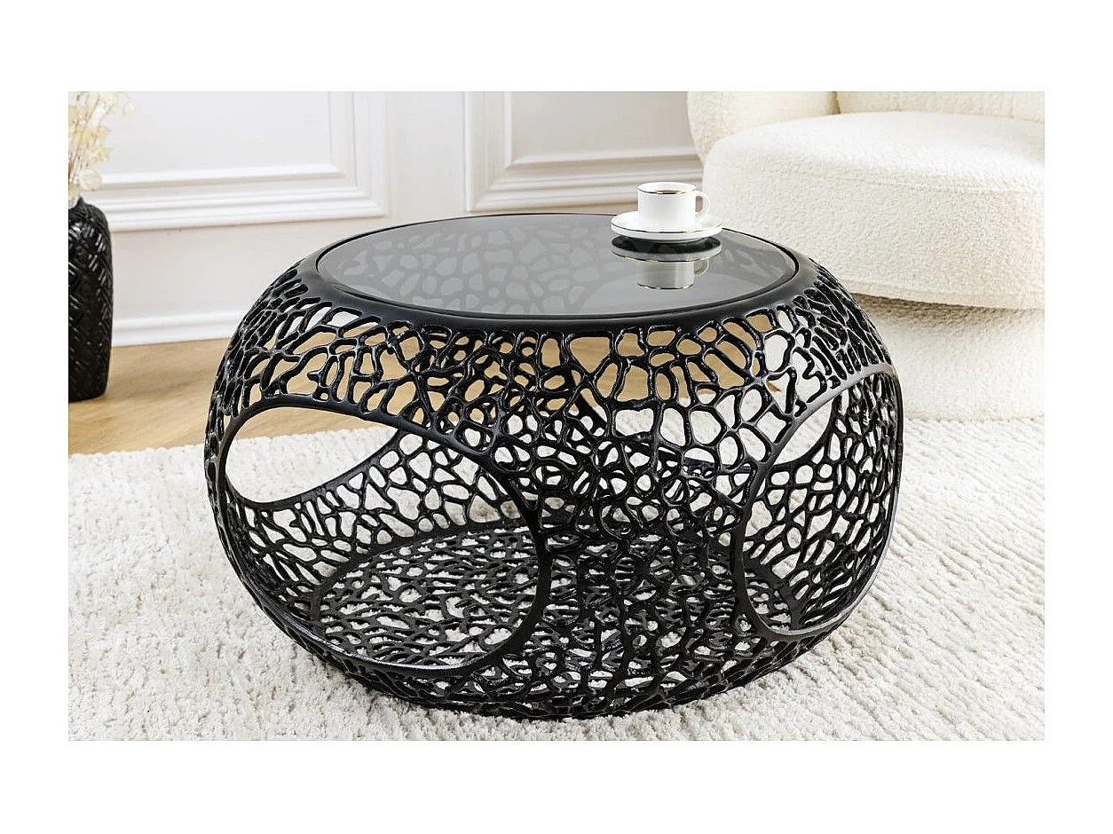 Table basse METRIX ronde 74 cm noire avec plateau en verre trempé – Table basse design avec niches ouvertes