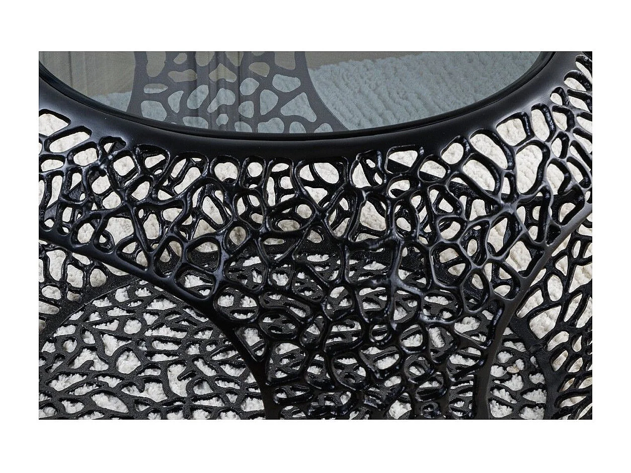 Table basse METRIX ronde 74 cm noire avec plateau en verre trempé – Table basse design avec niches ouvertes