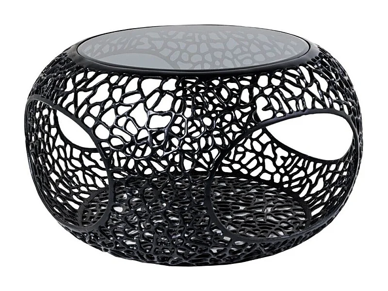 Table basse METRIX ronde 74 cm noire avec plateau en verre trempé – Table basse design avec niches ouvertes
