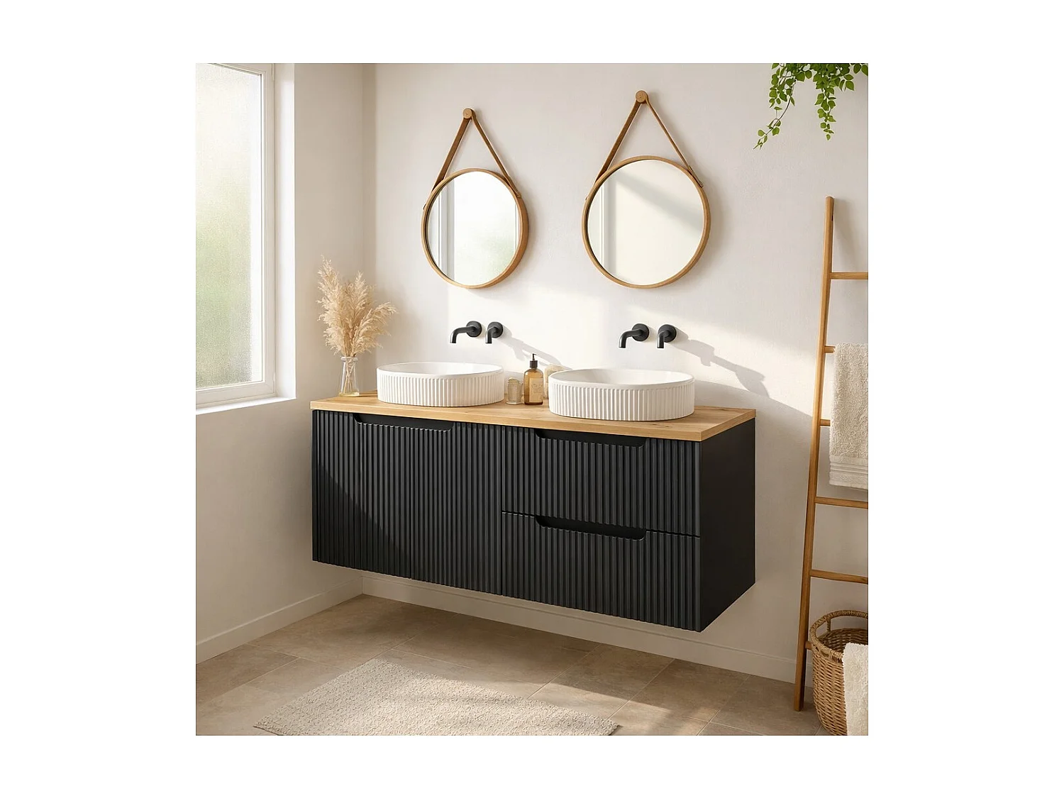 Ensemble VANO 120cm : meubles sous vasque à tiroirs et placards + plan pour vasque + deux vasques à poser rainurées