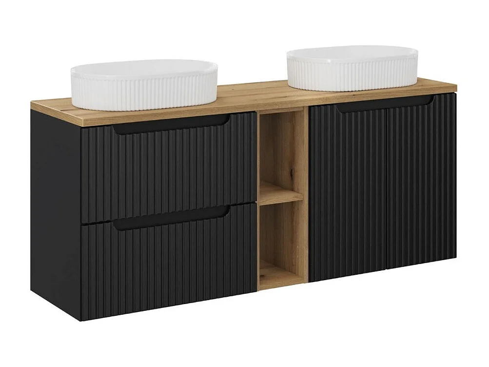 Ensemble VANO 140cm : meubles sous vasque avec niches visibles à tiroirs et placards + deux vasques à poser rainurées