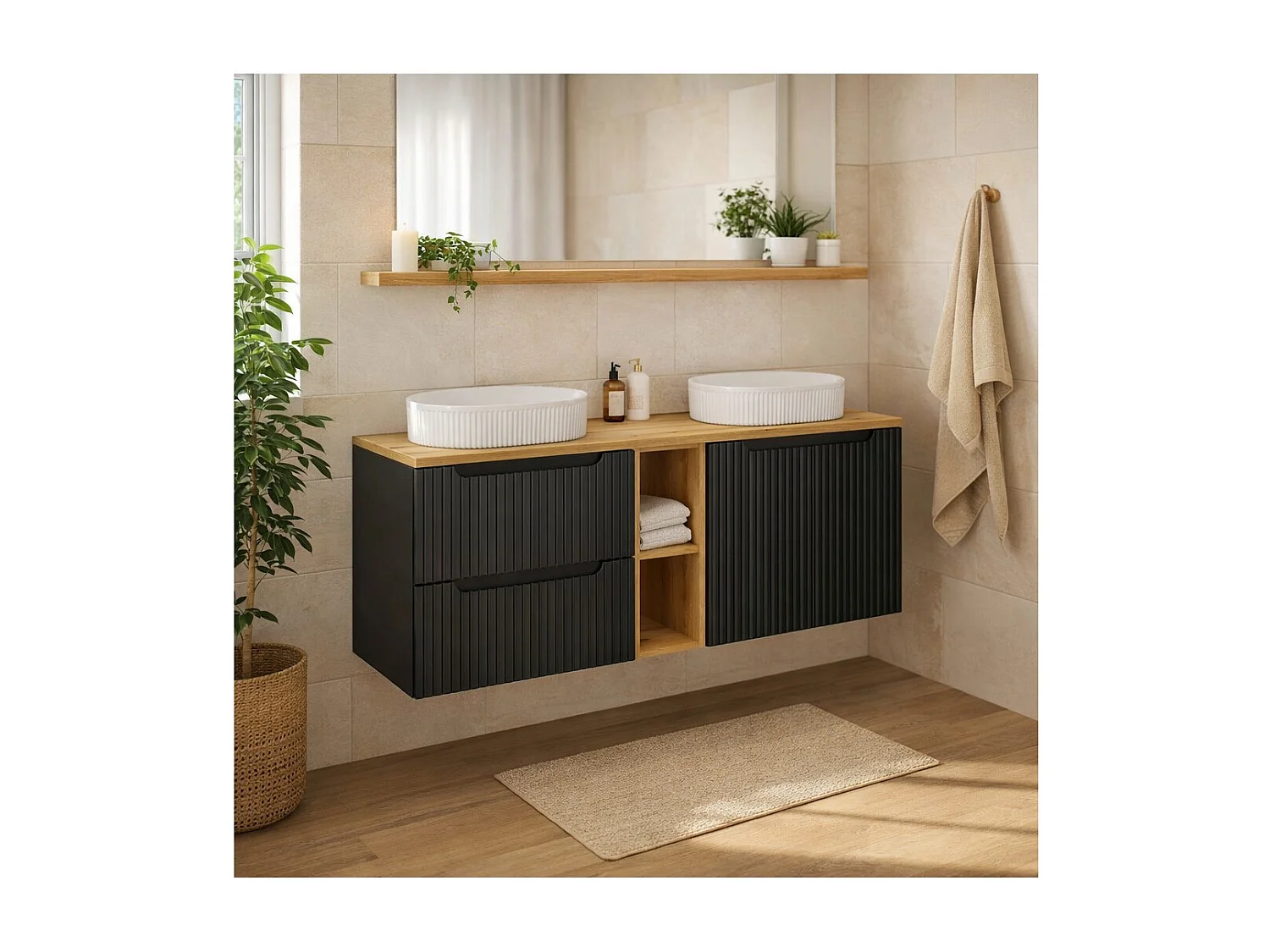 Ensemble VANO 140cm : meubles sous vasque avec niches visibles à tiroirs et placards + deux vasques à poser rainurées