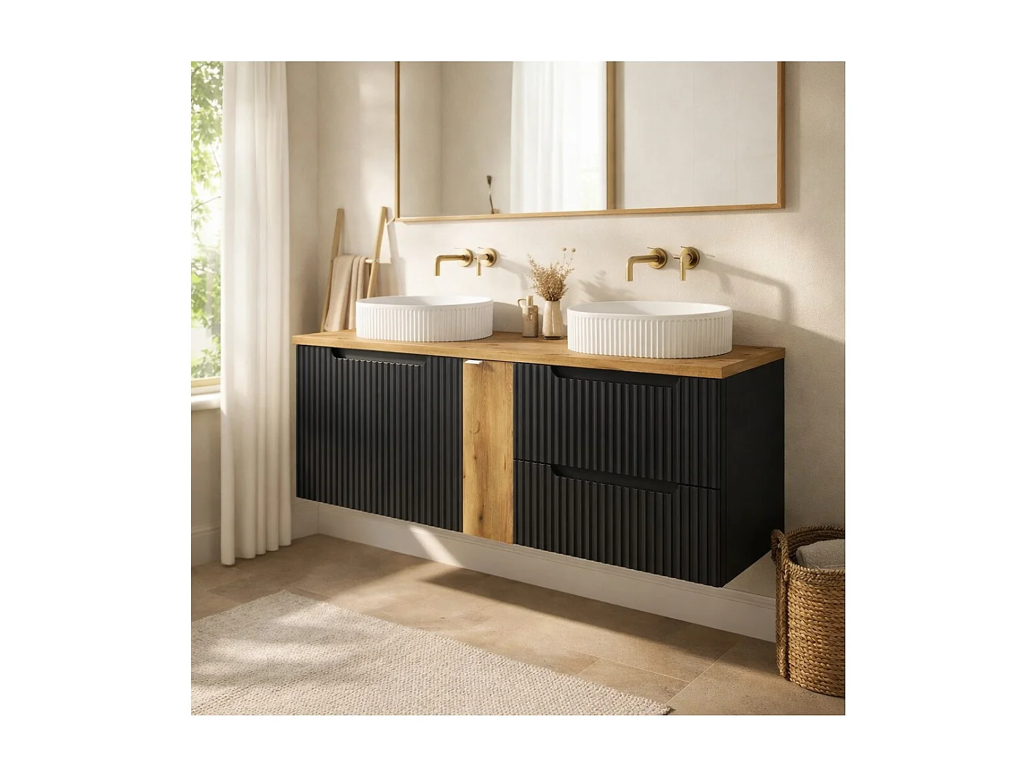 Ensemble VANO 140cm : meubles sous vasque avec niches à tiroirs et placards + deux vasques à poser rainurées