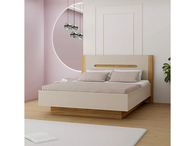 Lit coffre 160 x 200 décor chêne et sable mat avec sommier - ROSALIE