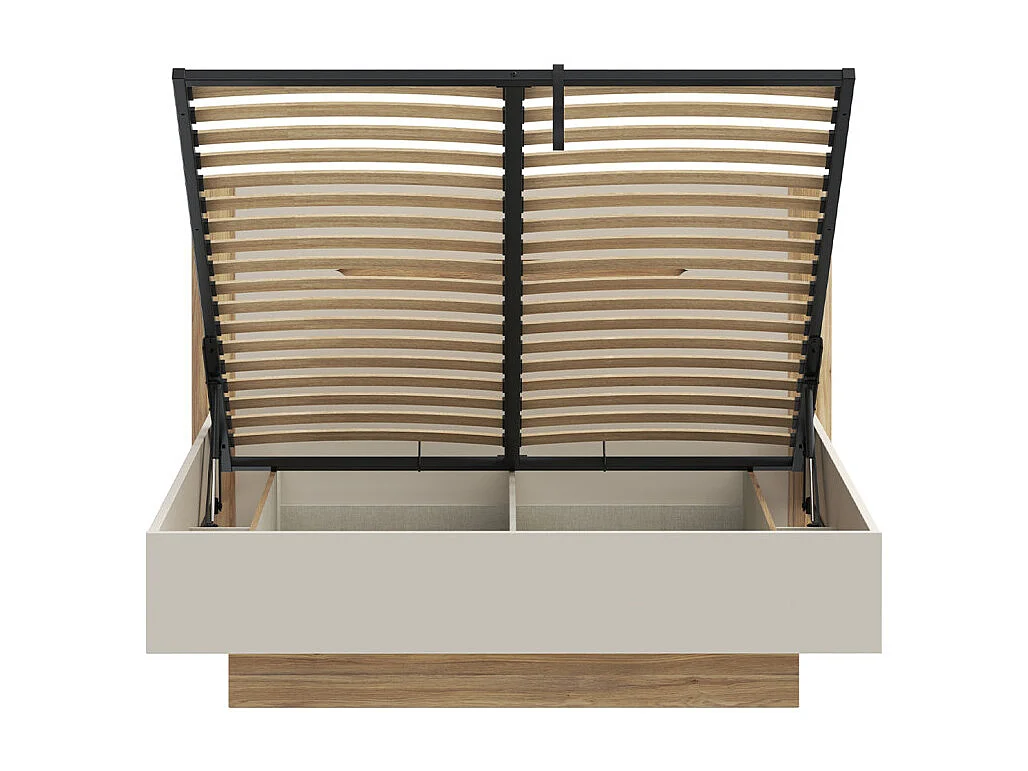 Lit coffre 160 x 200 décor chêne et sable mat avec sommier - ROSALIE