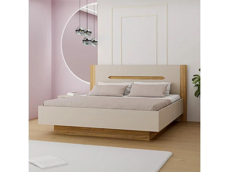 Lit coffre 180 x 200 décor chêne et sable mat avec sommier - ROSALIE