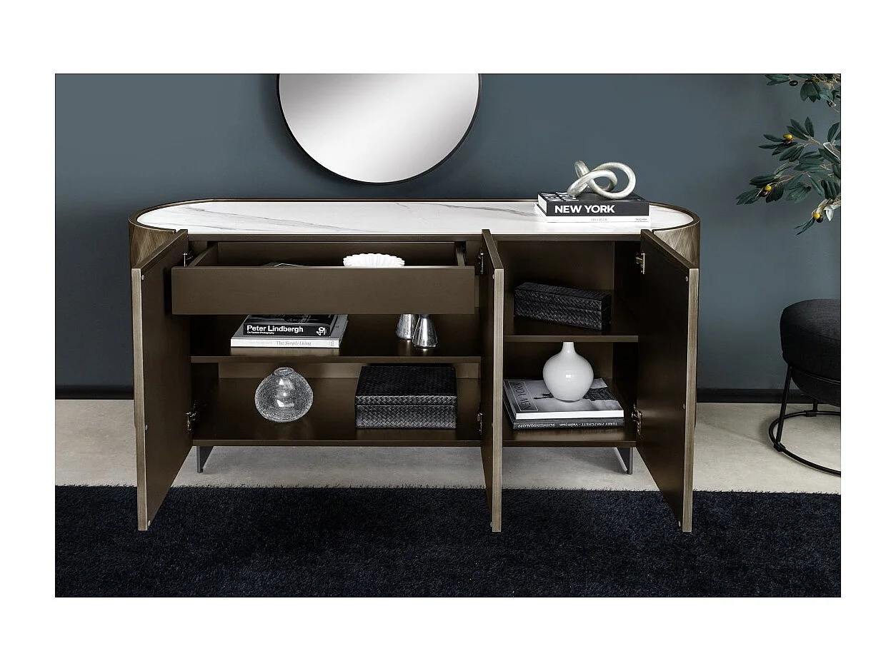 Buffet 150 cm 3 portes 1 tiroir bronze et marbre blanc – Collection MILANO