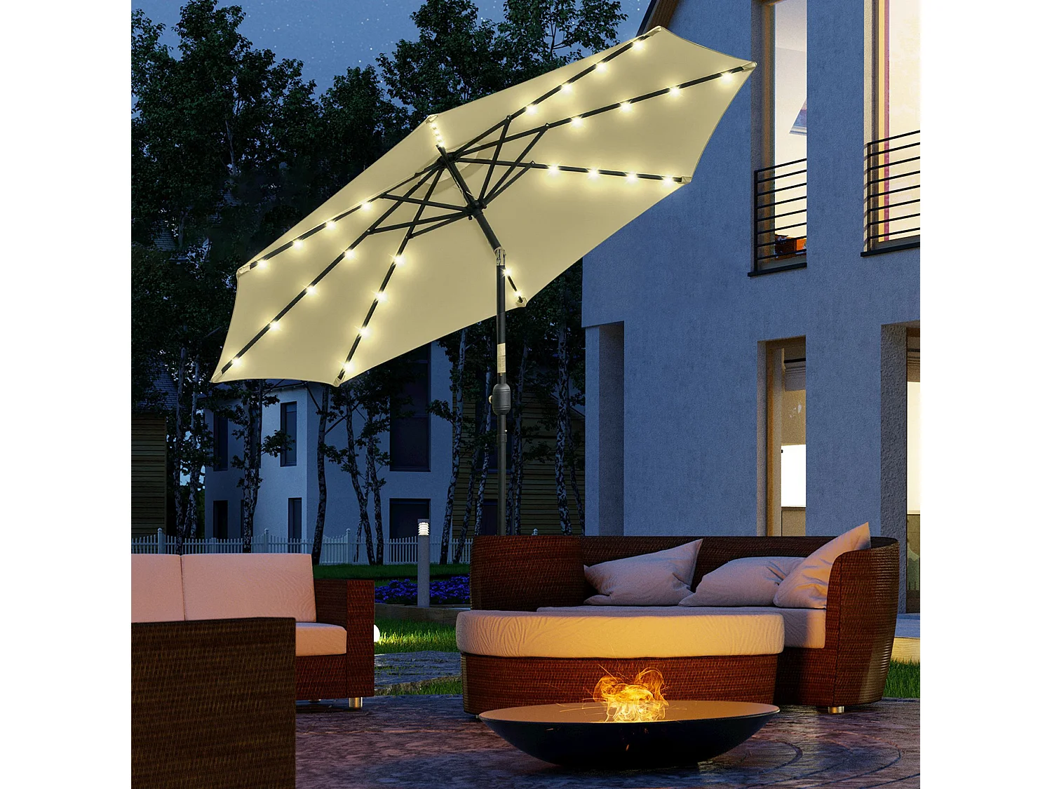 Ombrellone da giardino con 32 luci led solari e manovella beige