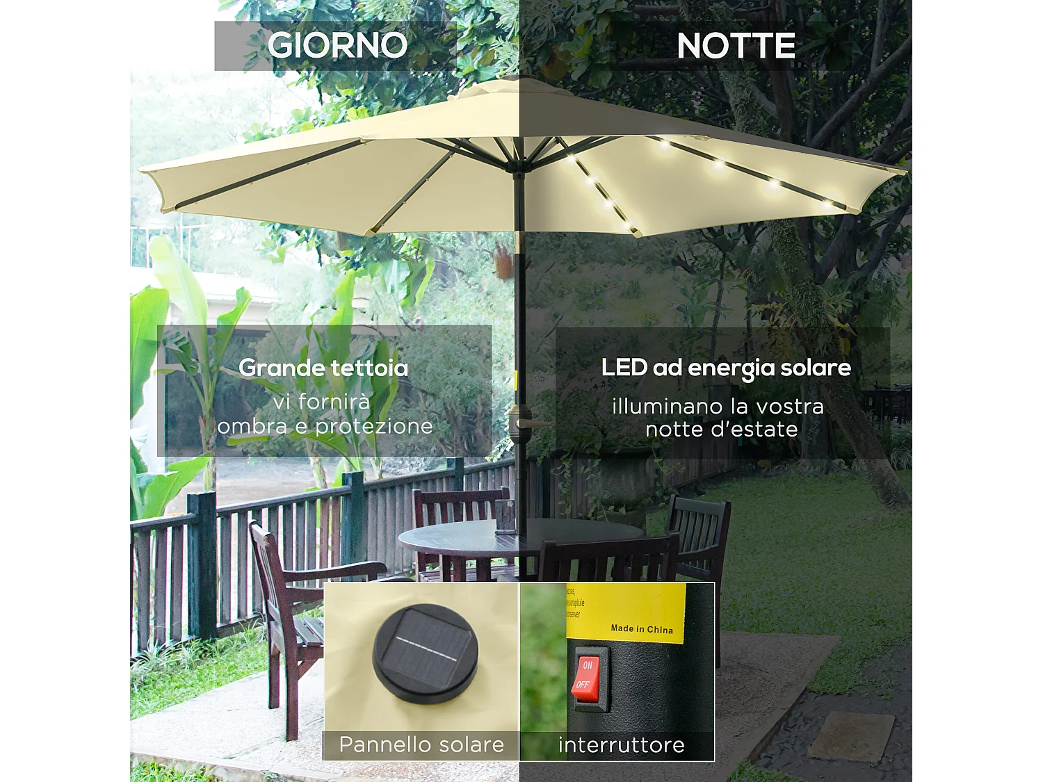 Ombrellone da giardino con 32 luci led solari e manovella beige