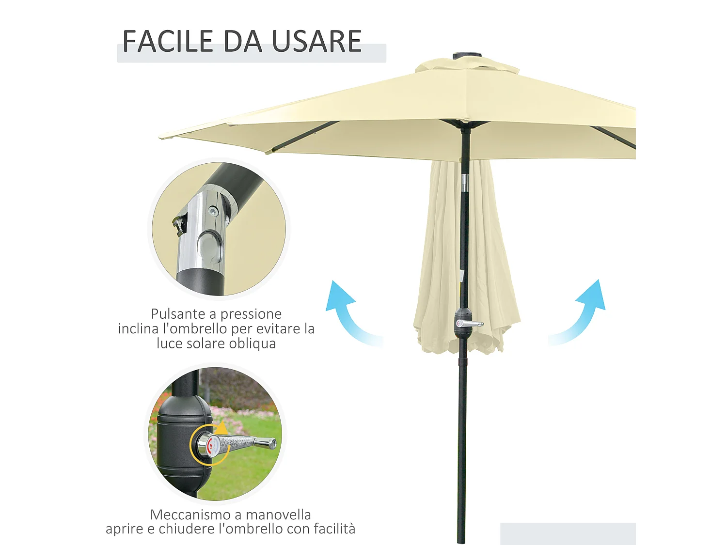 Ombrellone da giardino con 32 luci led solari e manovella beige