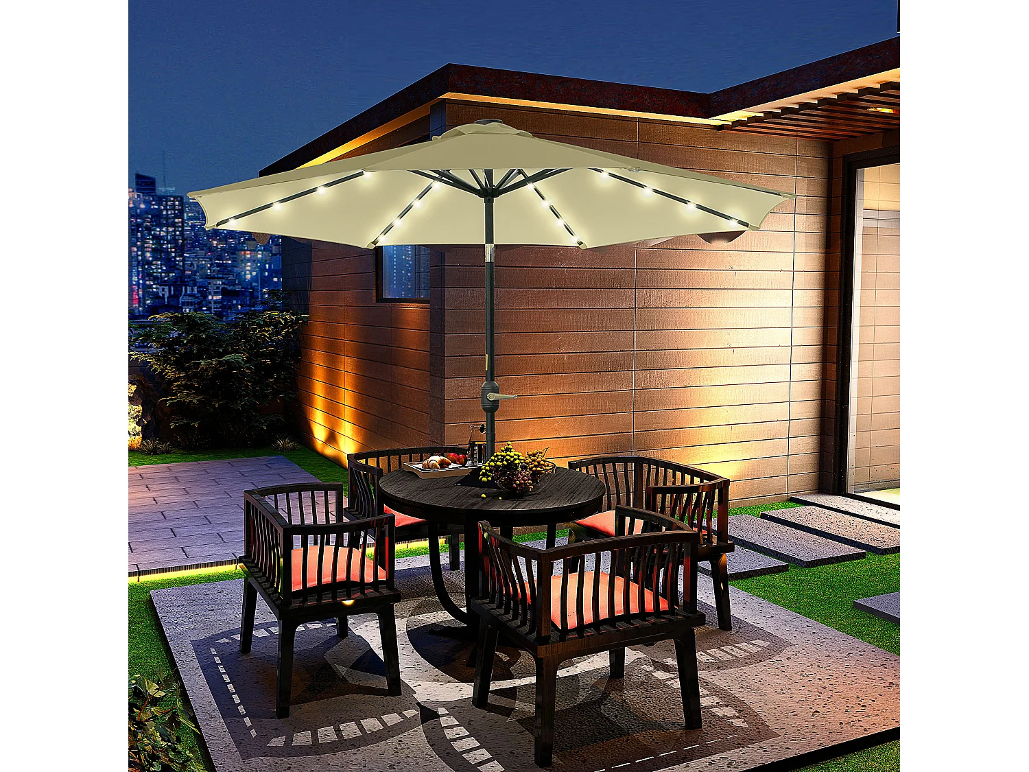 Ombrellone da giardino con 32 luci led solari e manovella beige