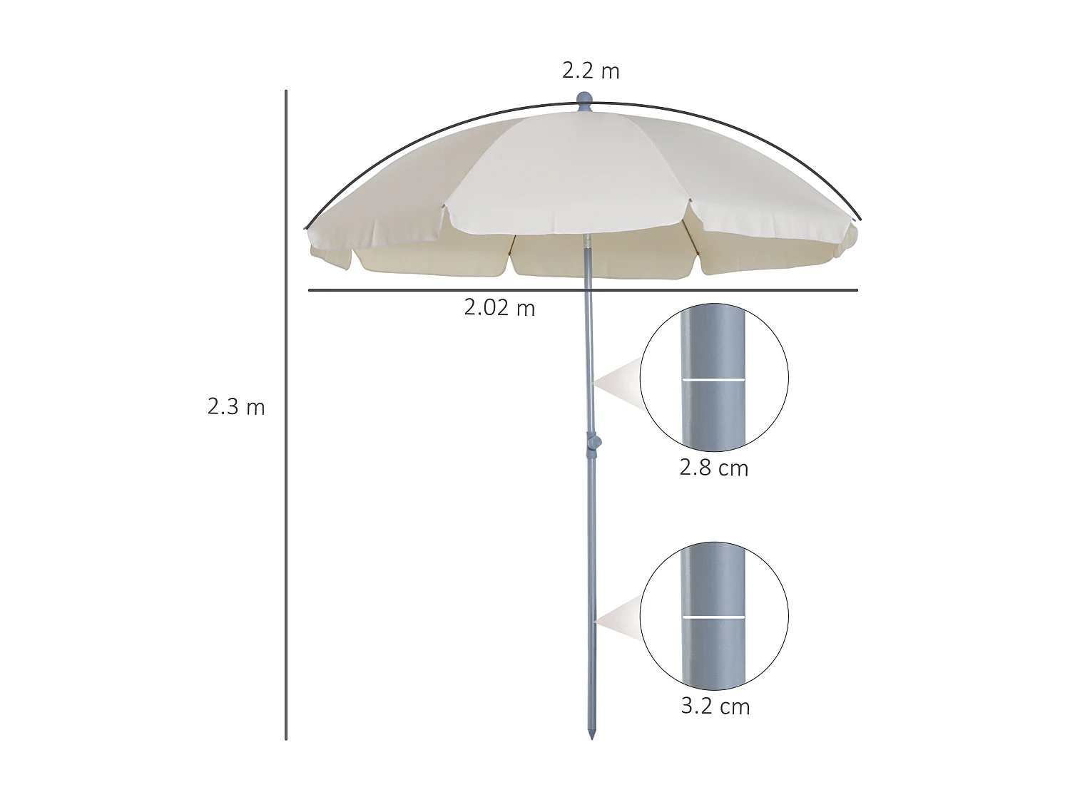 Ombrellone da esterno 2x2.3 m con tettuccio inclinabile crema