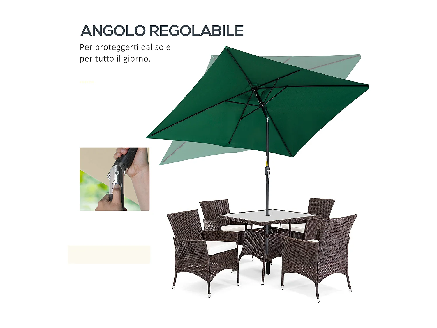 Ombrellone rettangolare 2x3 m pieghevole con manovella verde e nero