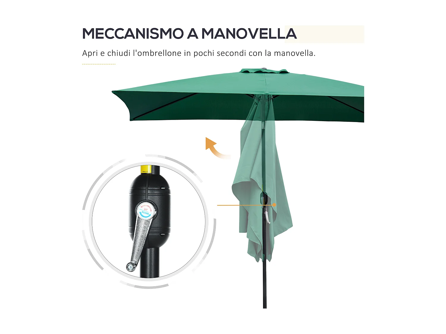 Ombrellone rettangolare 2x3 m pieghevole con manovella verde e nero