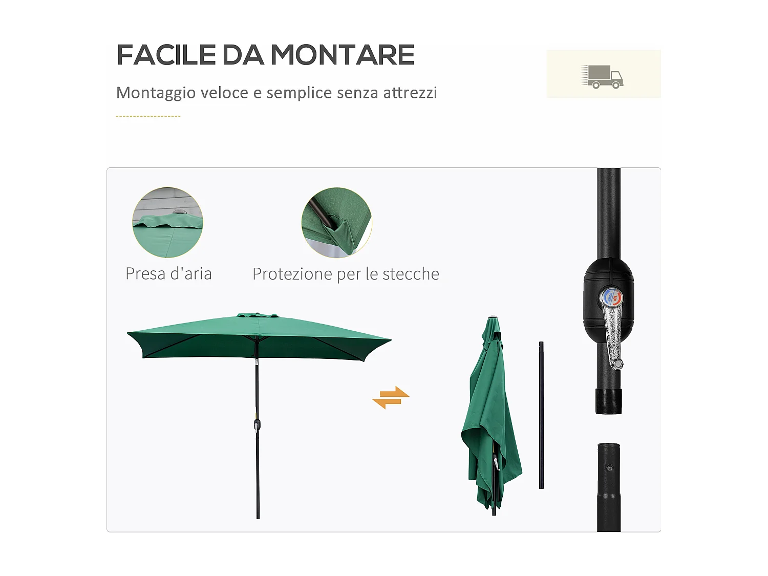 Ombrellone rettangolare 2x3 m pieghevole con manovella verde e nero