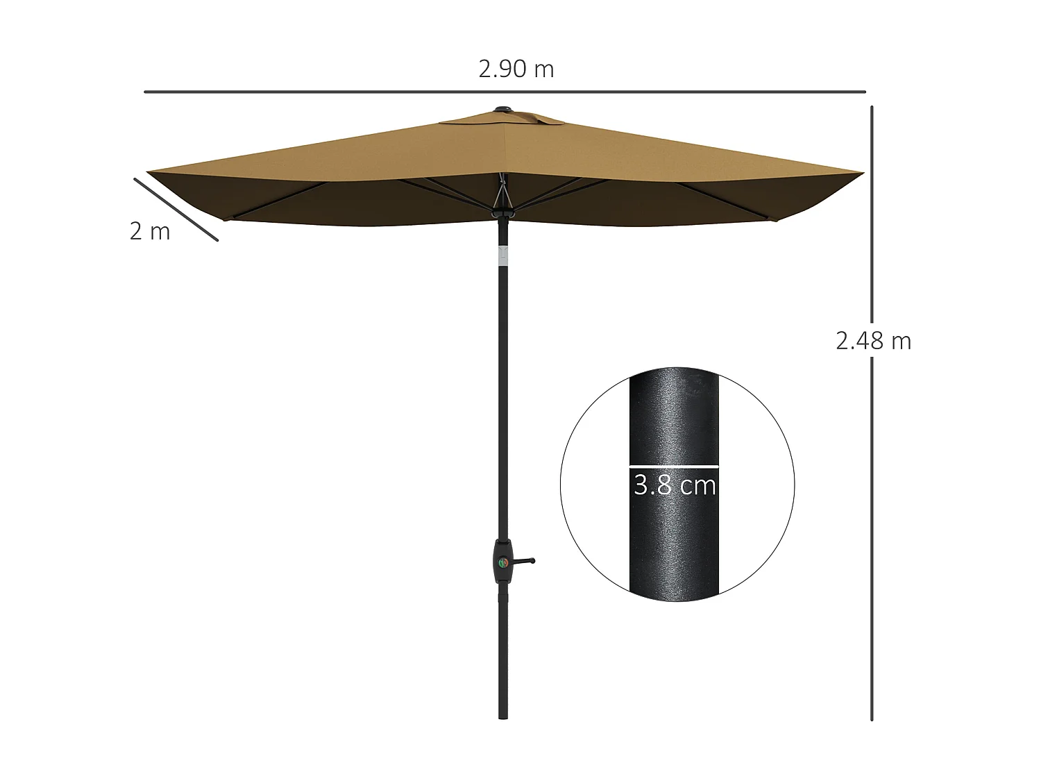 Ombrellone da giardino 3x2m con manovella e inclinazione caffè