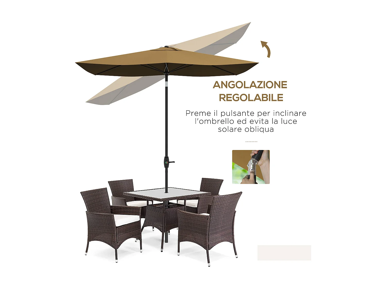 Ombrellone da giardino 3x2m con manovella e inclinazione caffè