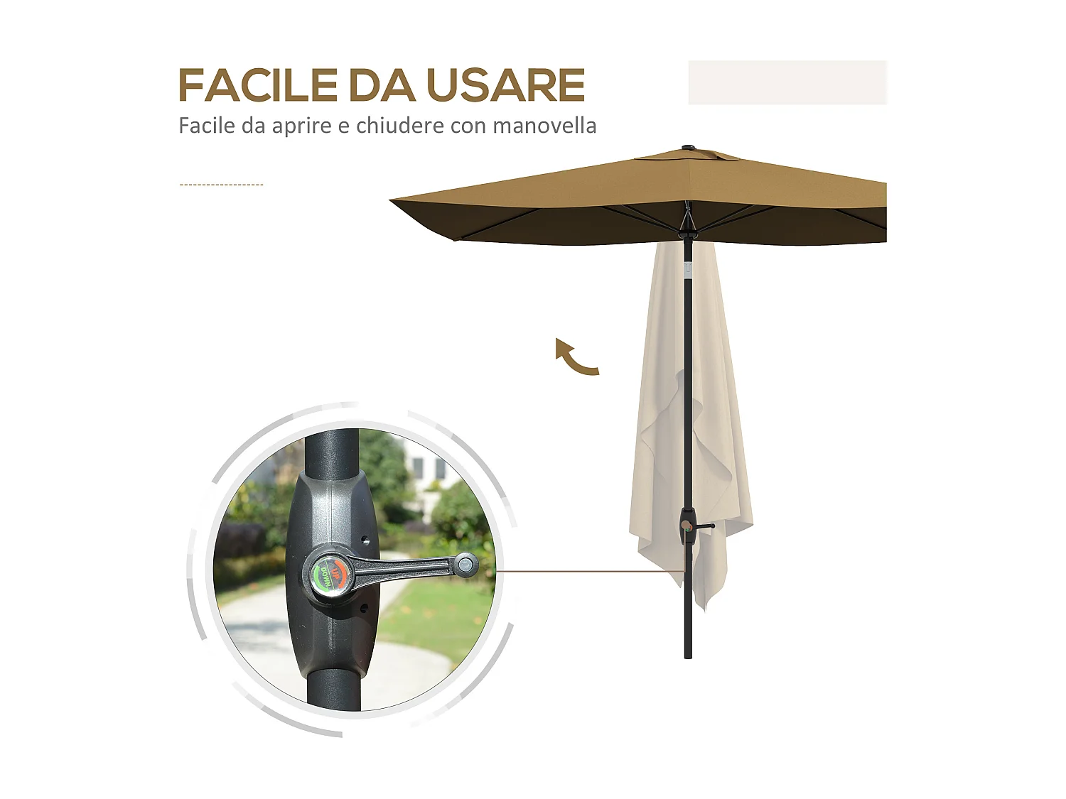 Ombrellone da giardino 3x2m con manovella e inclinazione caffè