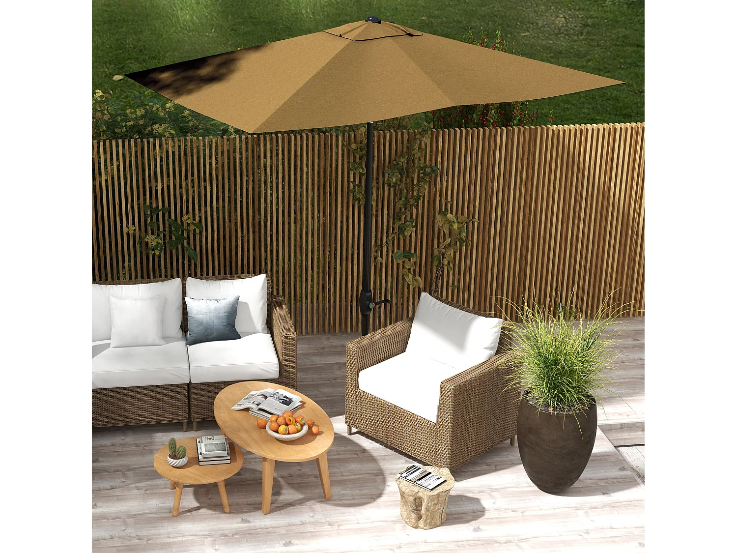 Ombrellone da giardino 3x2m con manovella e inclinazione caffè