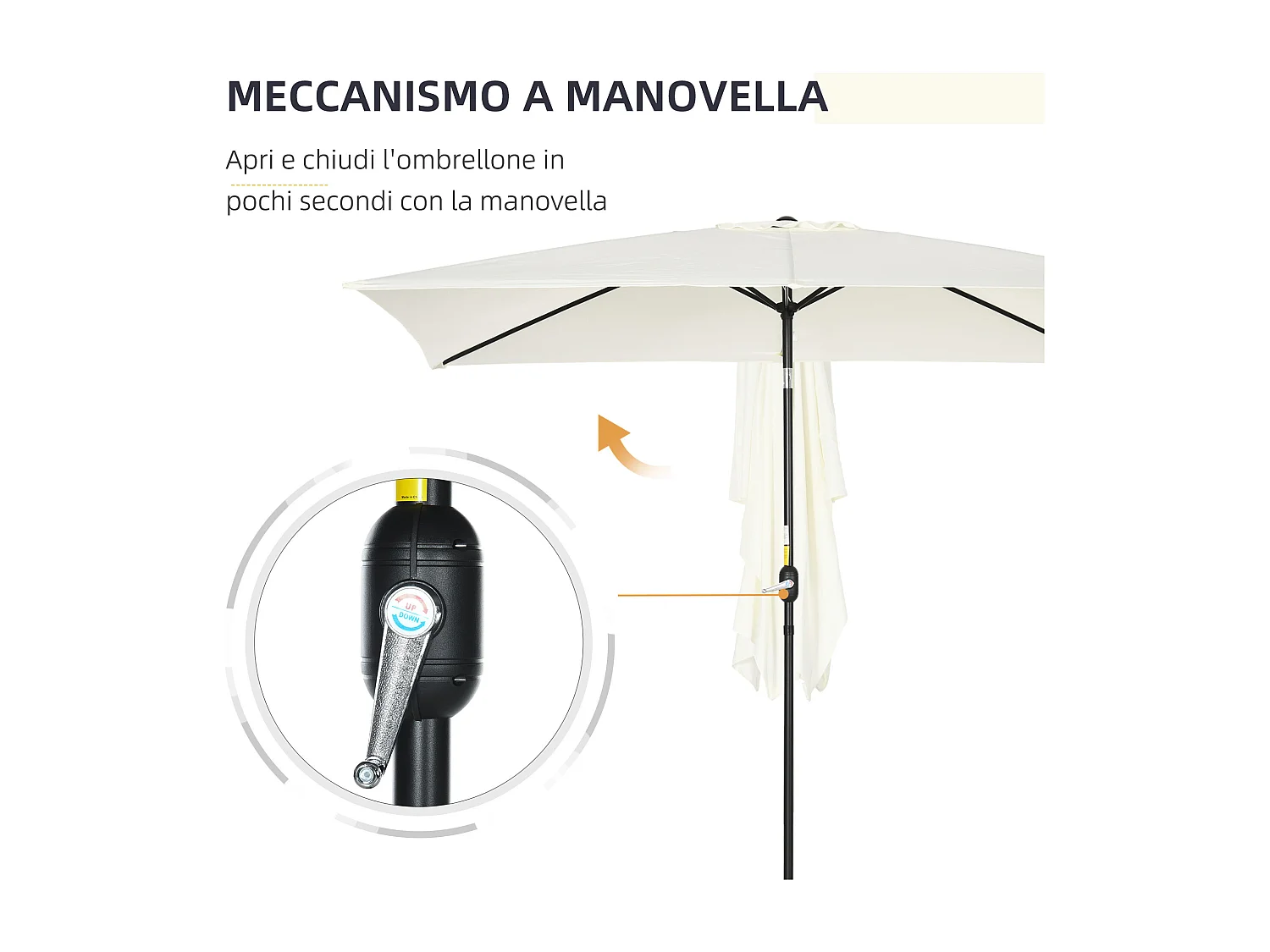 Ombrellone rettangolare 2x3 m pieghevole con manovella bianco crema