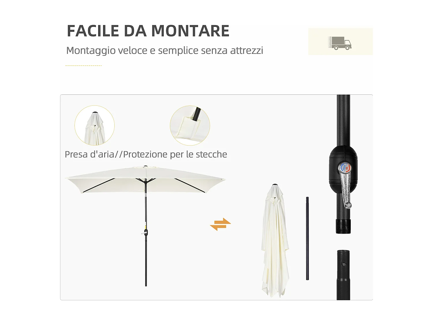 Ombrellone rettangolare 2x3 m pieghevole con manovella bianco crema