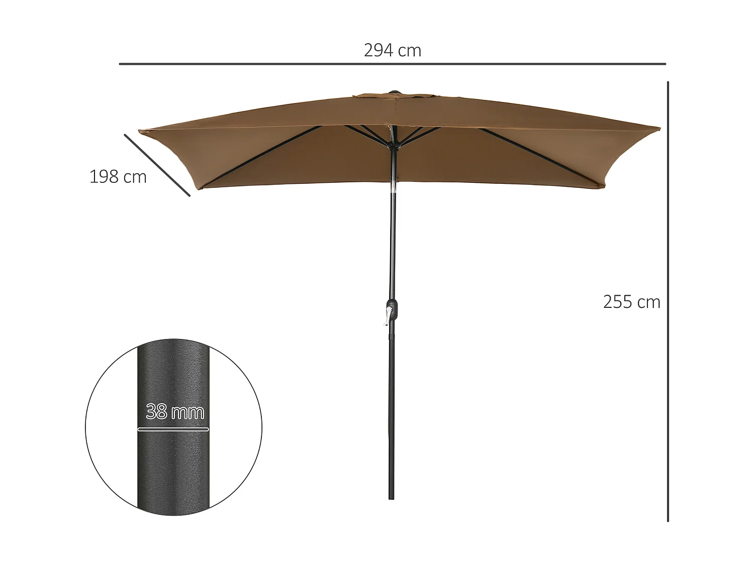 Ombrellone da giardino rettangolare con angolo inclinabile caffè