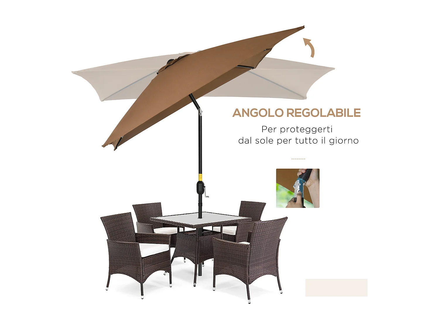 Ombrellone da giardino rettangolare con angolo inclinabile caffè