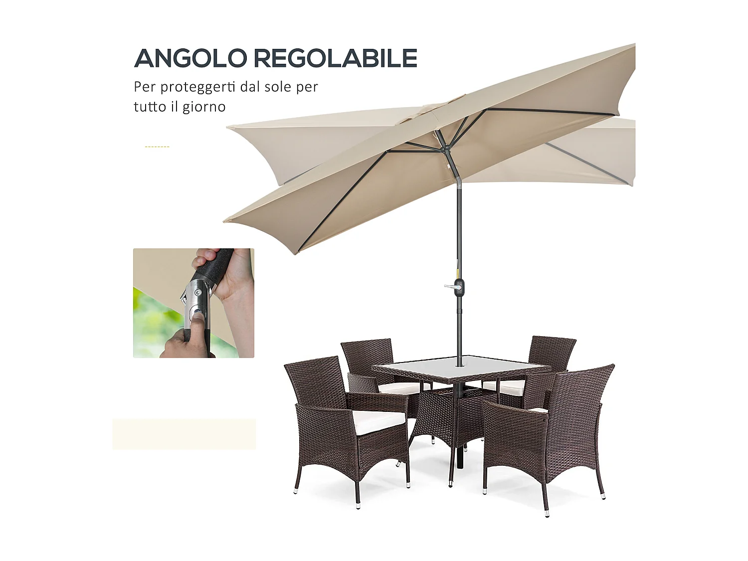 Ombrellone rettangolare 2x3 m pieghevole con manovella cachi