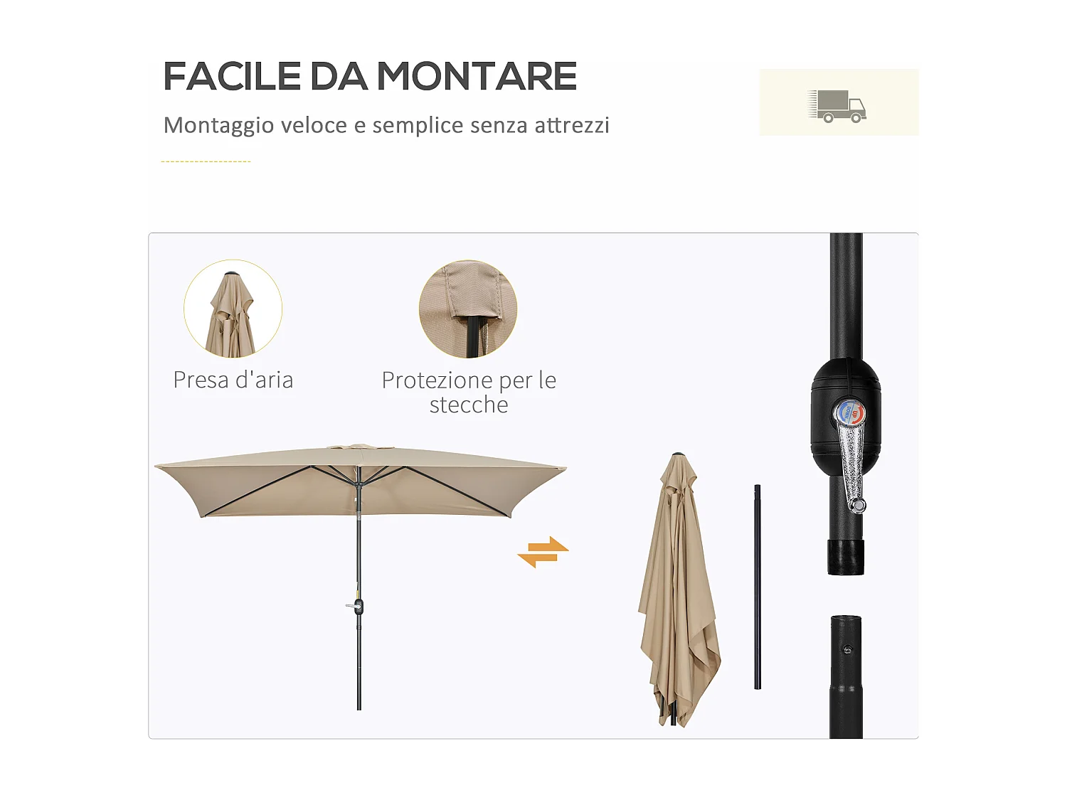 Ombrellone rettangolare 2x3 m pieghevole con manovella cachi