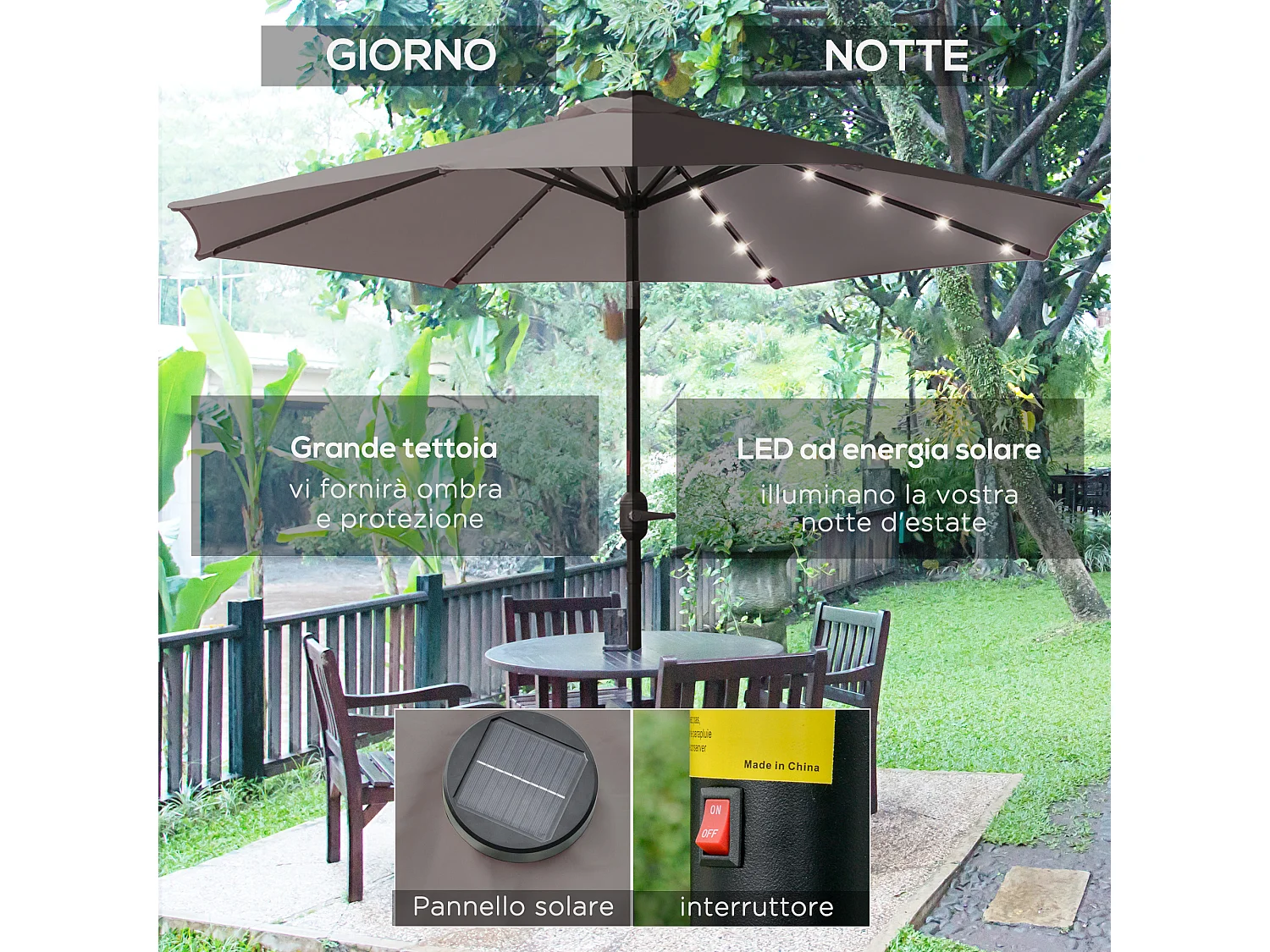 Ombrellone da giardino con 32 luci led solari e manovella grigio
