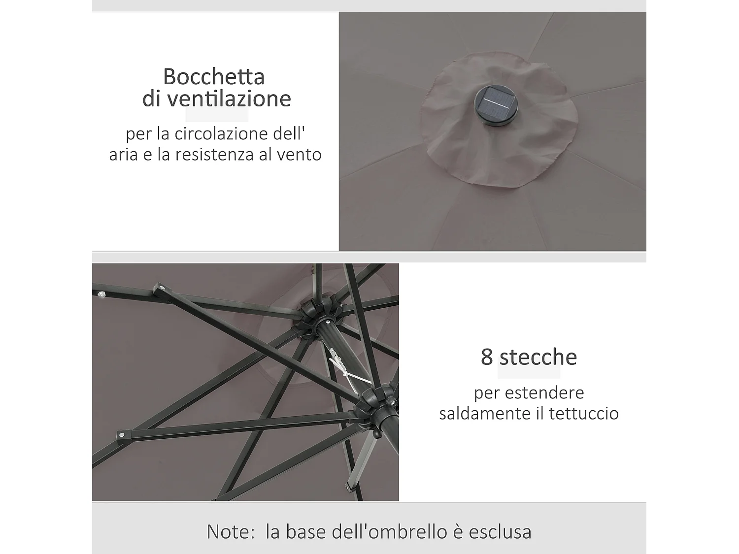 Ombrellone da giardino con 32 luci led solari e manovella grigio