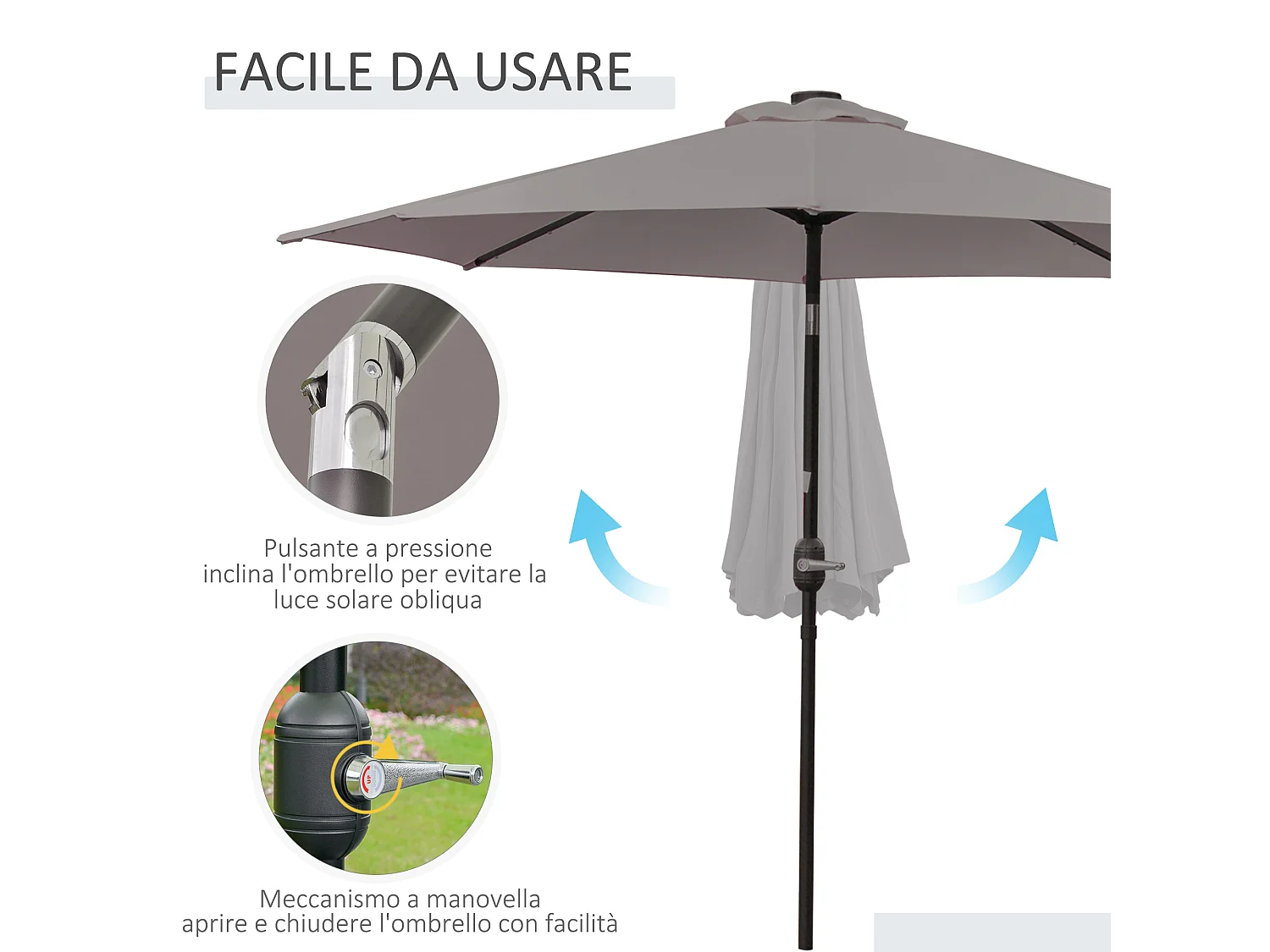 Ombrellone da giardino con 32 luci led solari e manovella grigio