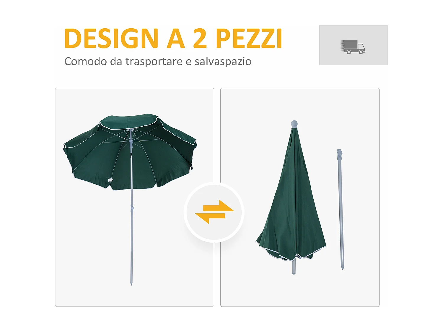 Ombrellone da esterni 2x2.3 m con tettuccio inclinabile verde