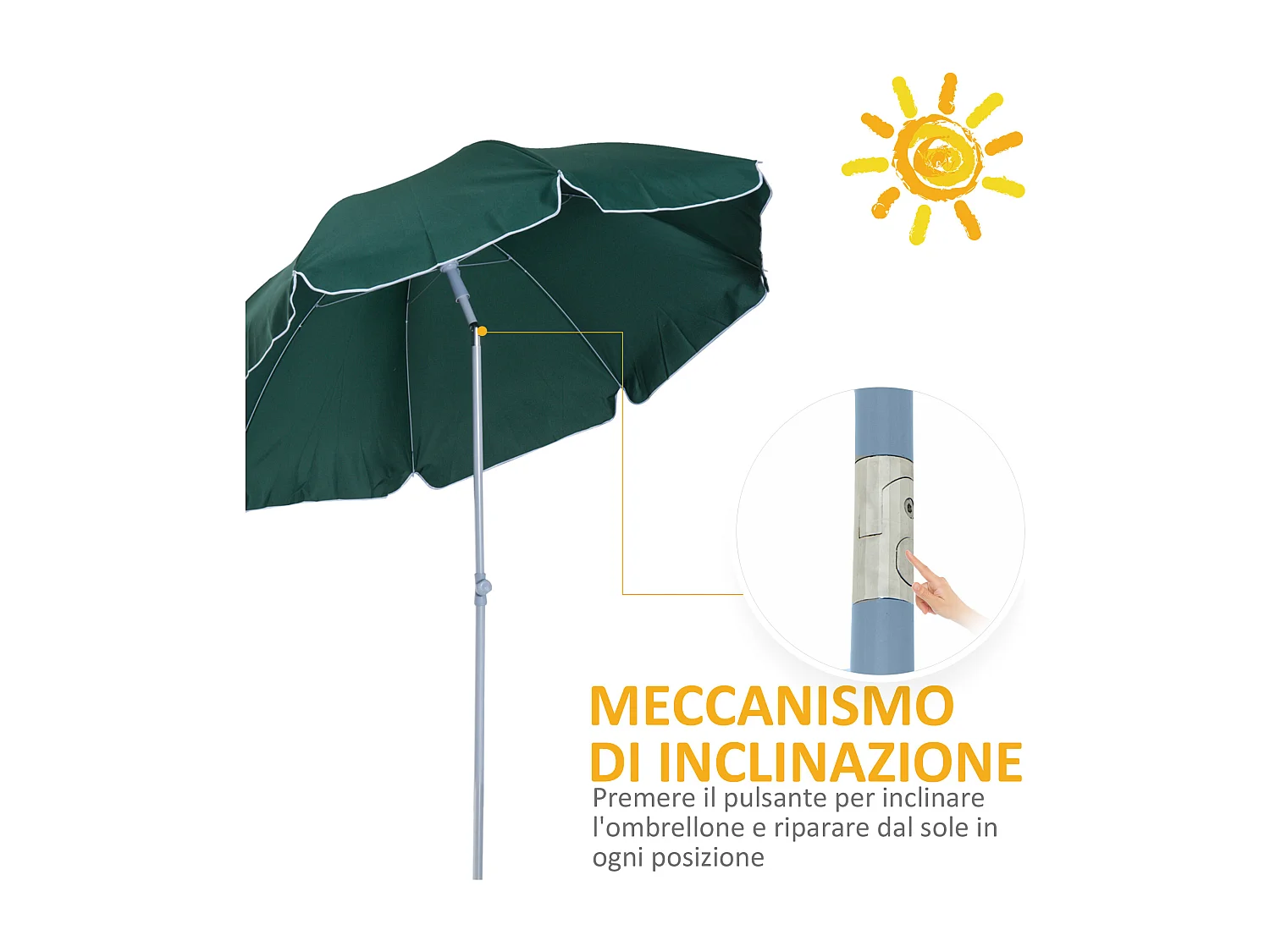 Ombrellone da esterni 2x2.3 m con tettuccio inclinabile verde