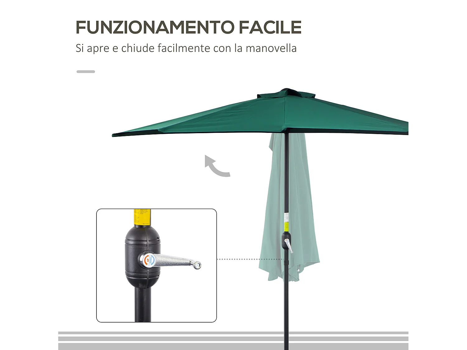 Ombrellone semicircolare con apertura a manovella 2.7x2.4 m