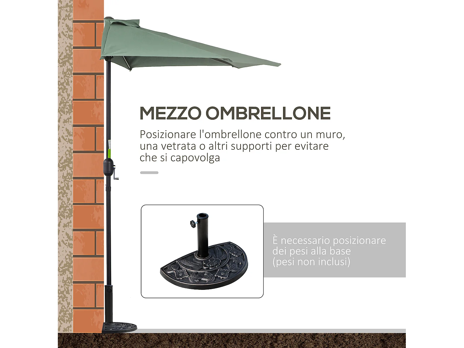 Ombrellone semicircolare con apertura a manovella 2.7x2.4 m