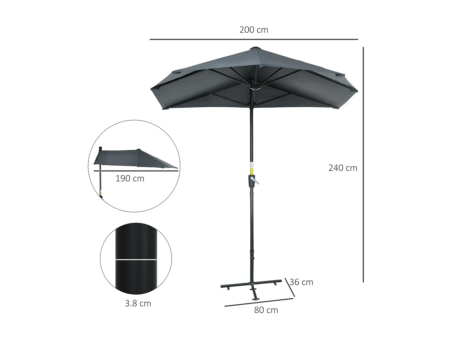Ombrellone semicircolare con manovella e telo anti uv grigio